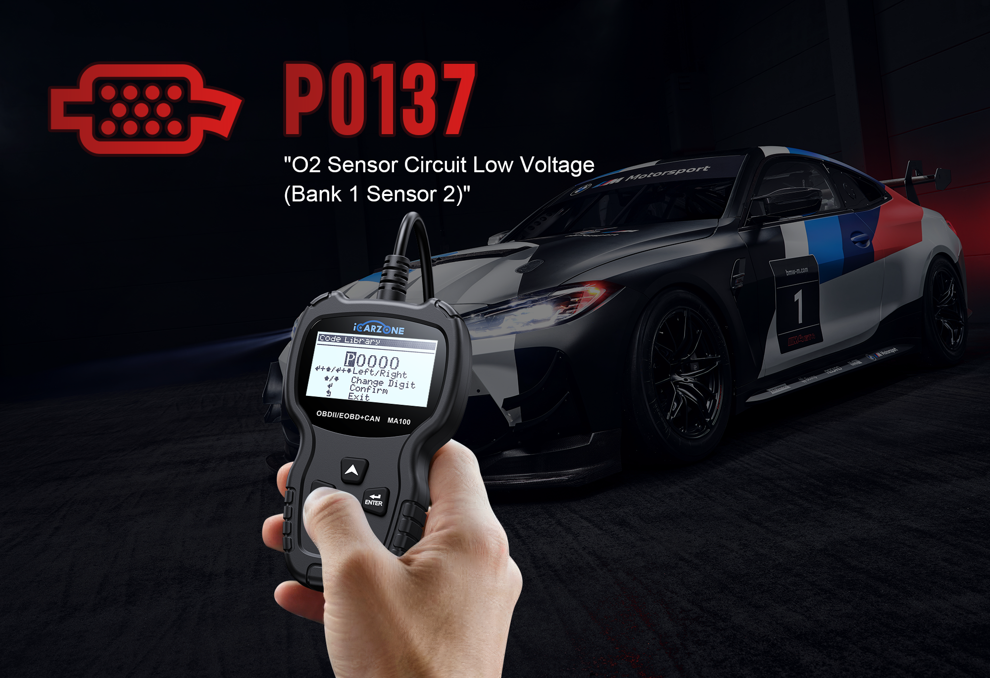 P0137 diagnostic guide — downstream O2 sensor location and MA100 scanner showing live voltage data below 0.21V