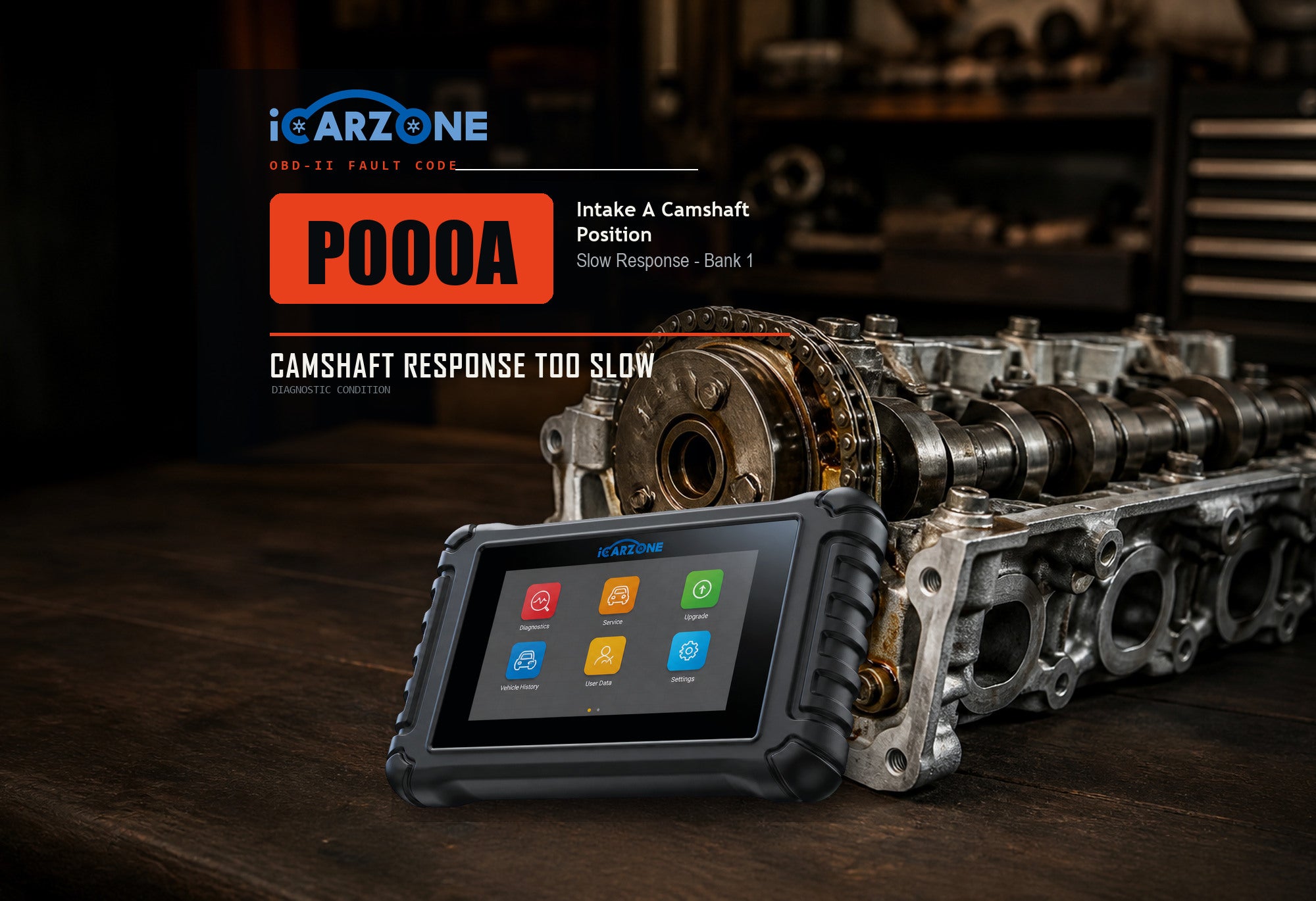 P000A Bank 1 intake camshaft slow response graphic showing a cam phaser and the iCARZONE UR800 scanner.