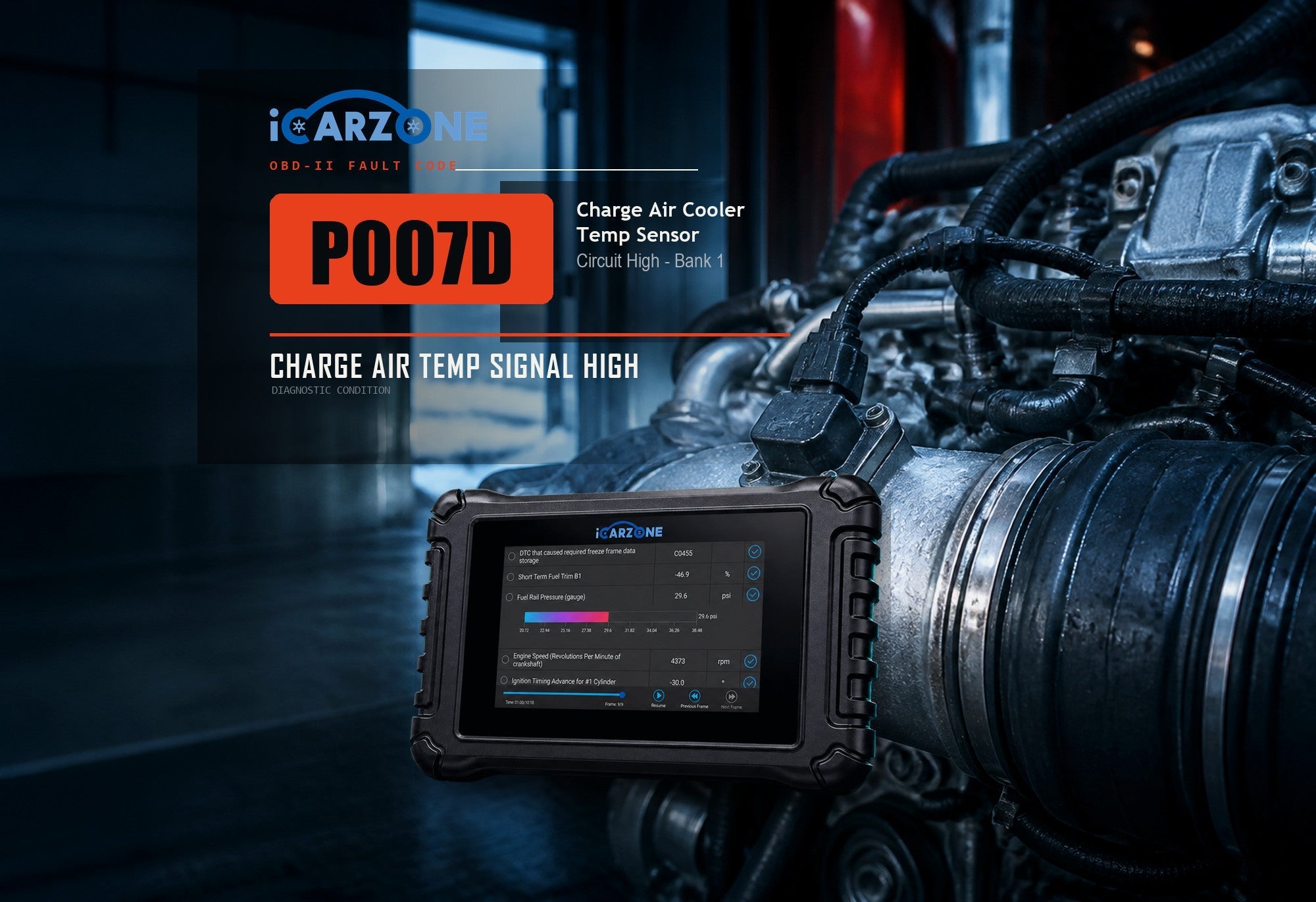 P007D charge-air cooler temperature sensor circuit high fault graphic with the iCARZONE diagnostic scanner.