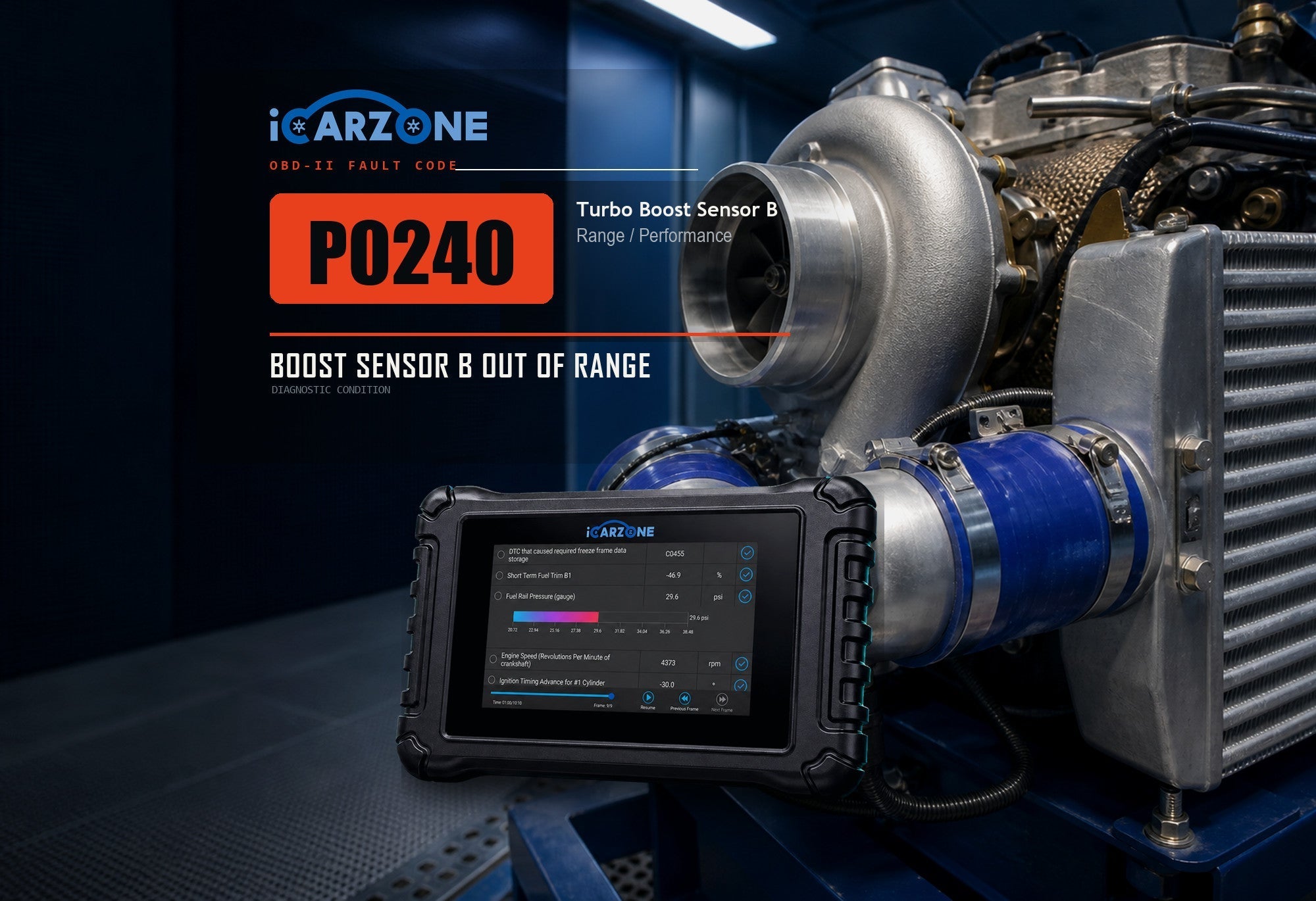 P0240 boost sensor B circuit range or performance fault graphic with turbocharger components and the iCARZONE diagnostic scanner.