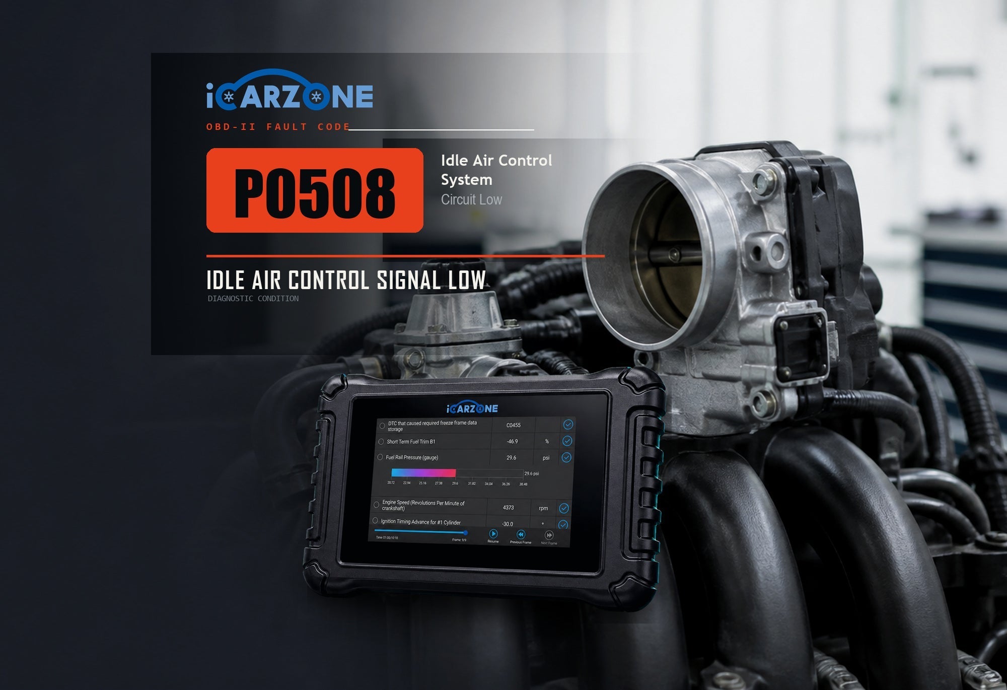 P0508 idle air control circuit low graphic showing an idle air valve, throttle body and iCARZONE UR800 scanner.