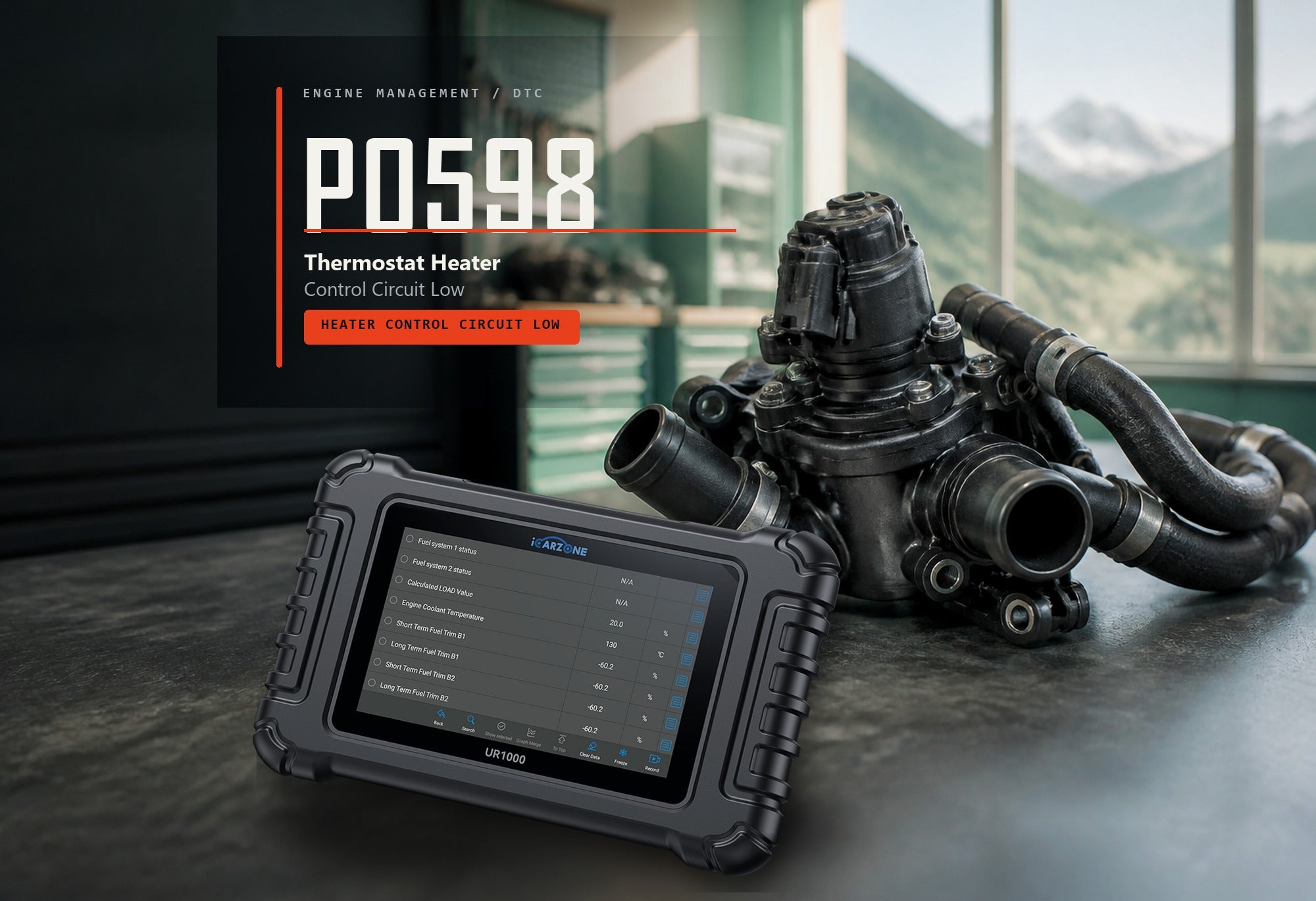 P0598 thermostat heater control circuit low graphic with a coolant housing, hoses and iCARZONE UR1000 scanner.
