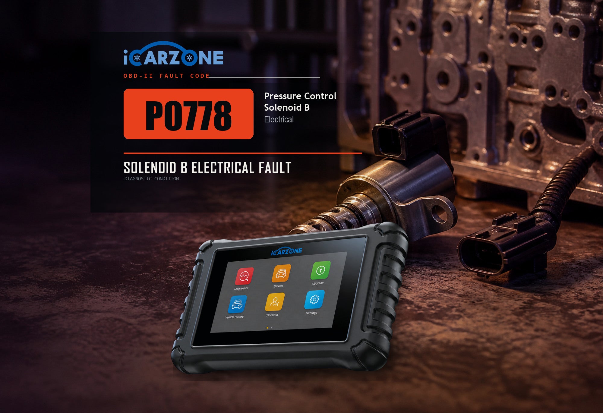 P0778 pressure control solenoid B electrical fault graphic with a transmission valve body and iCARZONE UR800 scanner.