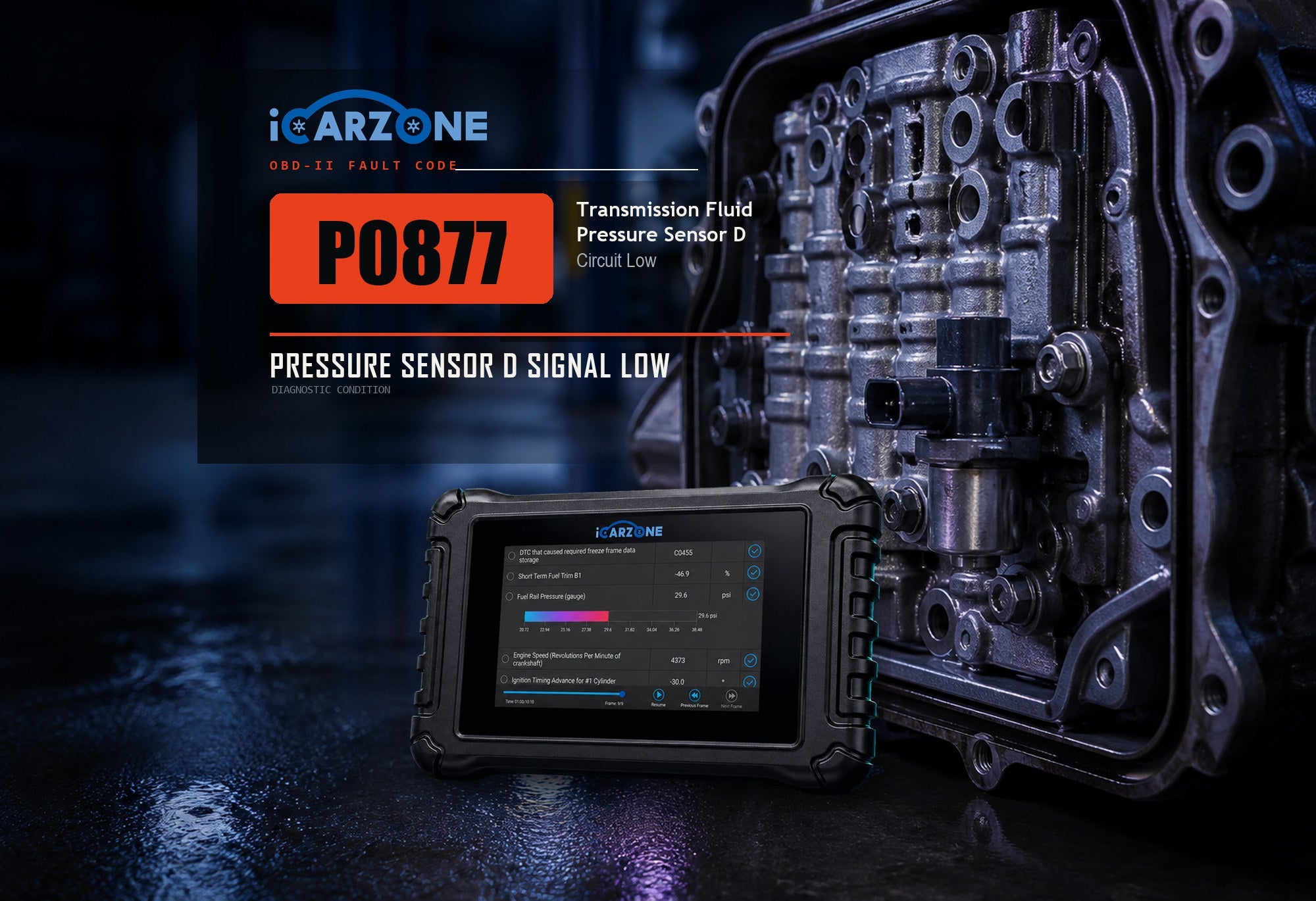 P0877 transmission fluid pressure sensor D circuit low graphic with a valve body and iCARZONE UR800 scanner.