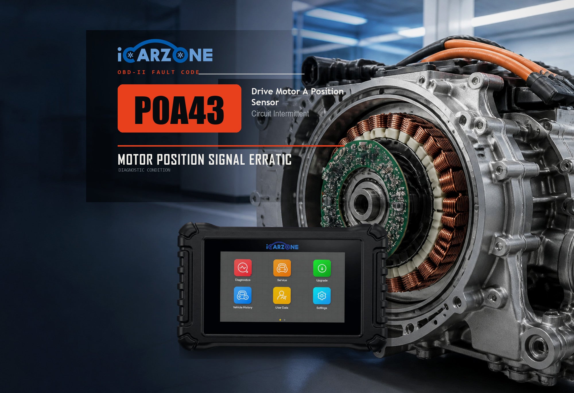 P0A43 drive motor A position sensor intermittent graphic with a hybrid transaxle and iCARZONE UR800 scanner.