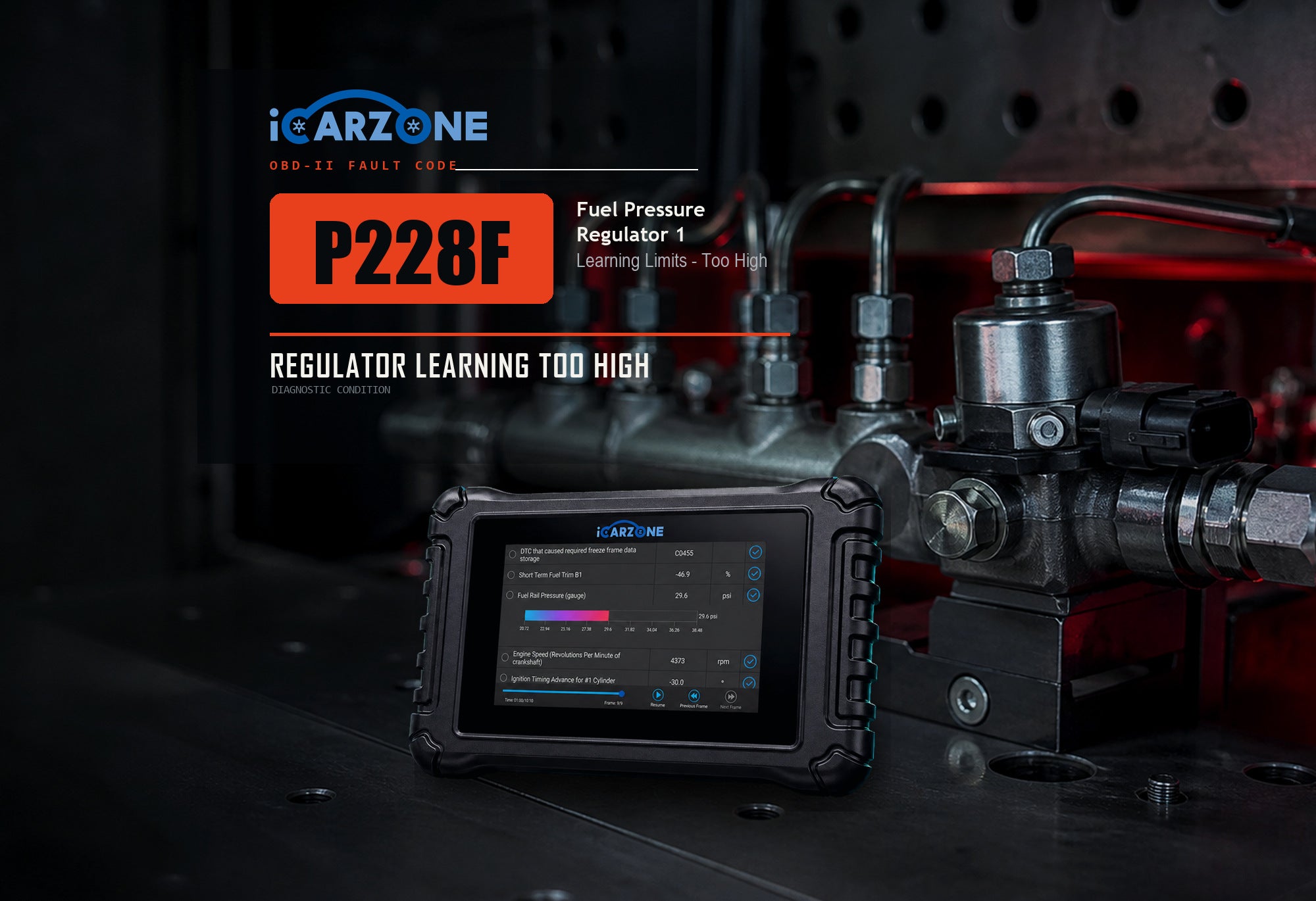 P228F fuel pressure regulator 1 learning limit too high graphic with a diesel fuel rail and iCARZONE UR800 scanner.