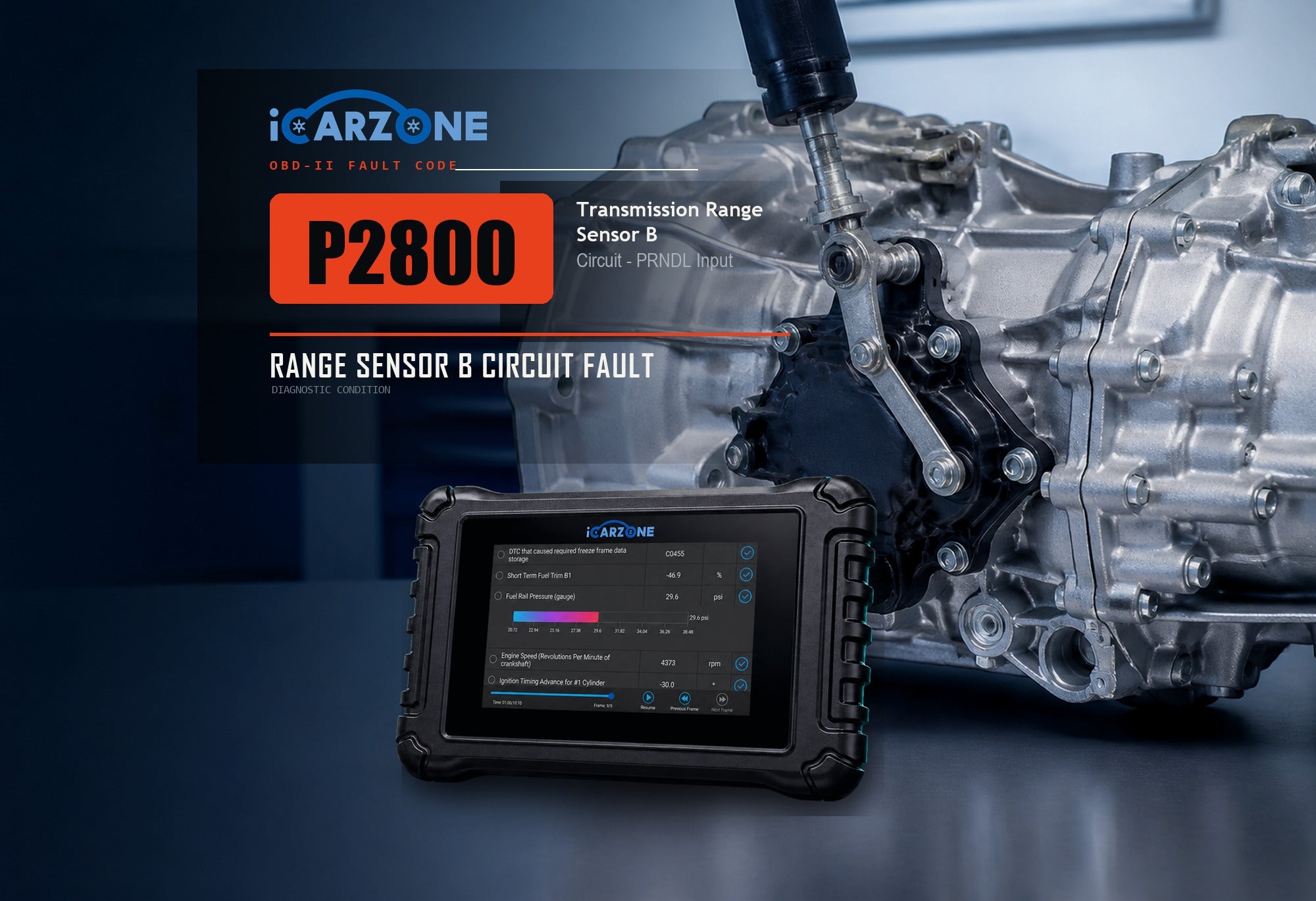 P2800 transmission range sensor B PRNDL input circuit graphic with selector linkage and iCARZONE UR800 scanner.