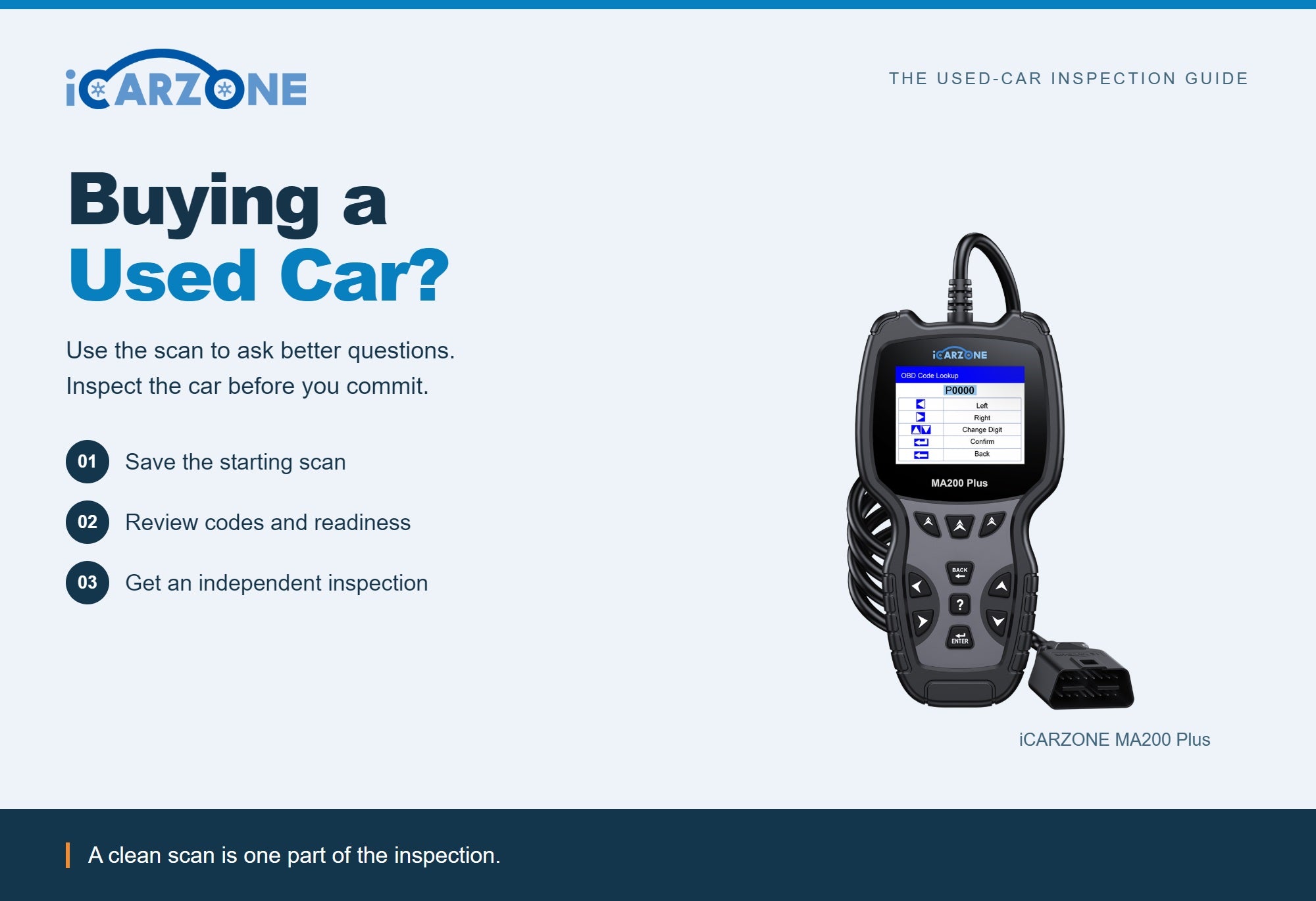 iCARZONE used car inspection scanner guide with an official MA200 Plus handheld diagnostic scanner photo