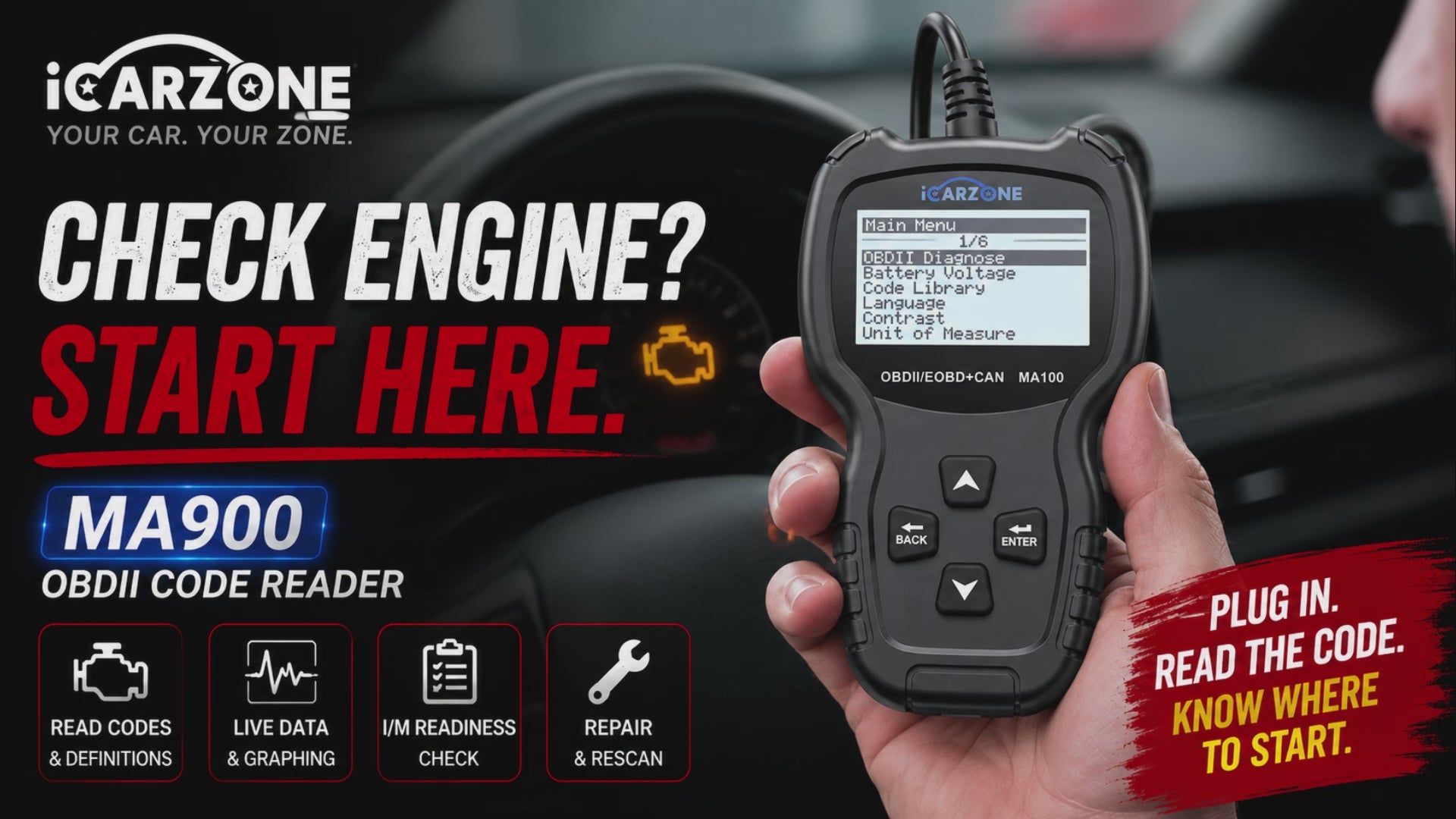 MA100 Plug-and-Play OBD2 Code Reader with Check Engine Light Reset